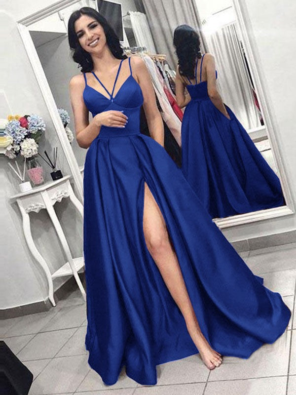 A-Line Sleeveless Spaghetti Straps Sweep/Brush Train With Ruffles Satin Prom Dress