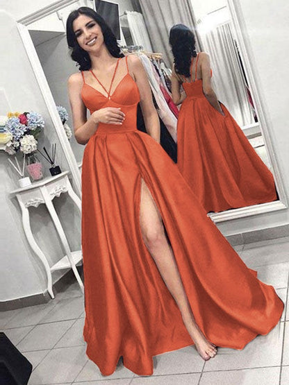 A-Line Sleeveless Spaghetti Straps Sweep/Brush Train With Ruffles Satin Prom Dress