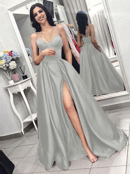 A-Line Sleeveless Spaghetti Straps Sweep/Brush Train With Ruffles Satin Prom Dress