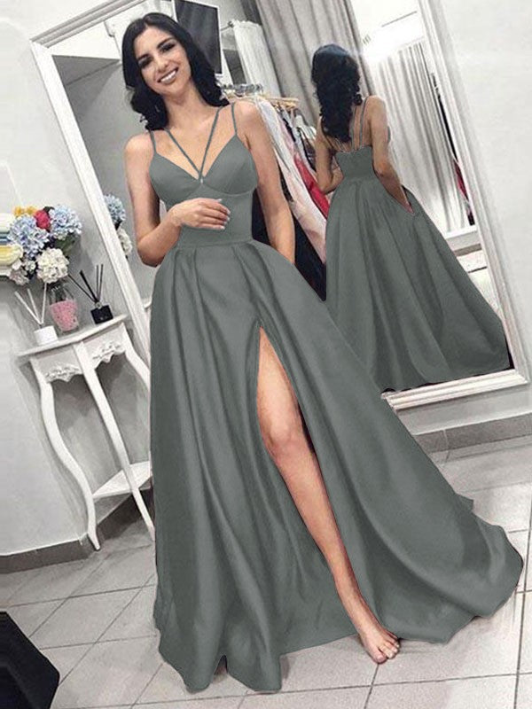 A-Line Sleeveless Spaghetti Straps Sweep/Brush Train With Ruffles Satin Prom Dress