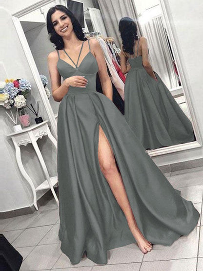 A-Line Sleeveless Spaghetti Straps Sweep/Brush Train With Ruffles Satin Prom Dress