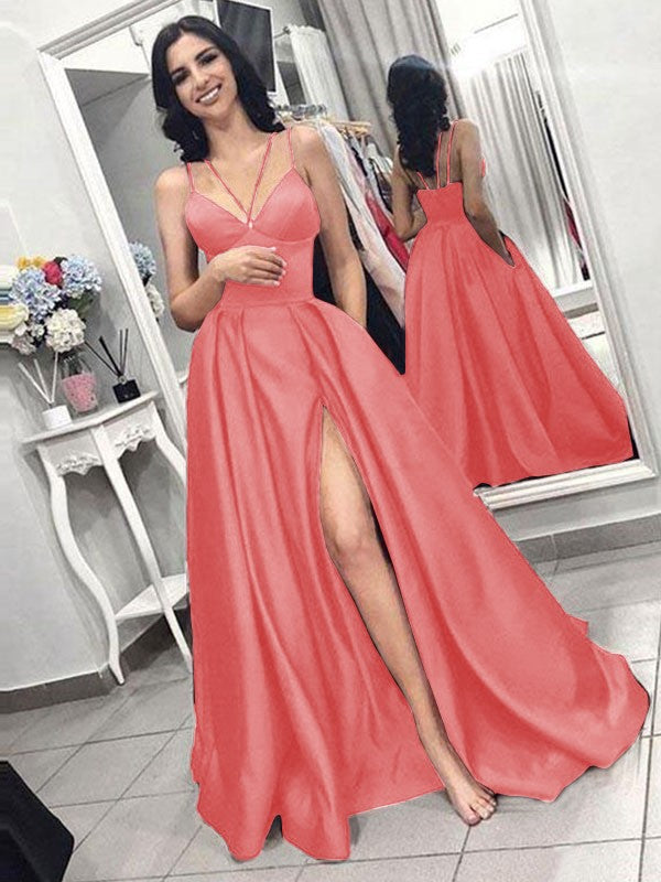 A-Line Sleeveless Spaghetti Straps Sweep/Brush Train With Ruffles Satin Prom Dress