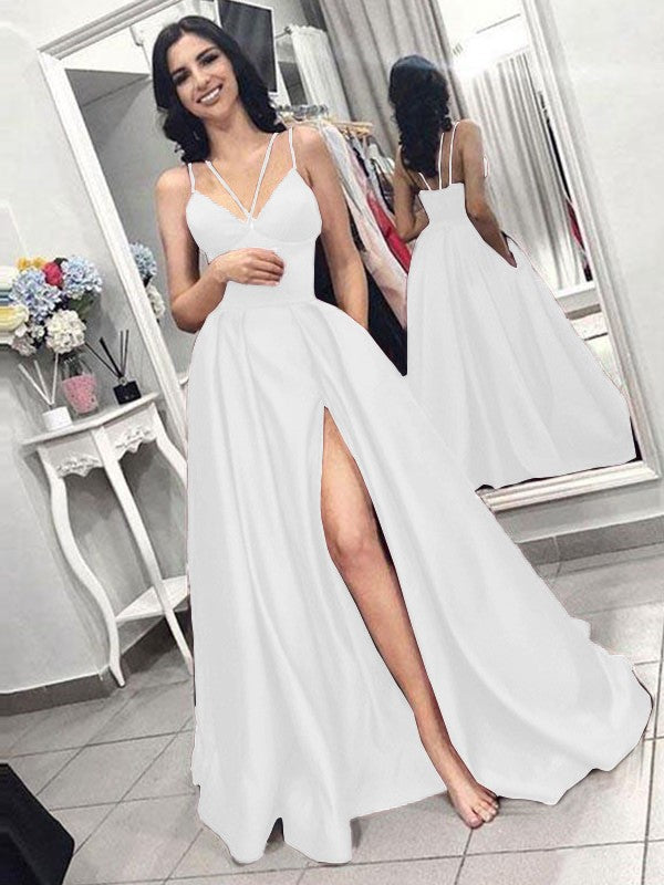A-Line Sleeveless Spaghetti Straps Sweep/Brush Train With Ruffles Satin Prom Dress