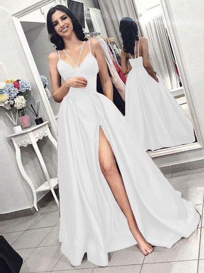 A-Line Sleeveless Spaghetti Straps Sweep/Brush Train With Ruffles Satin Prom Dress