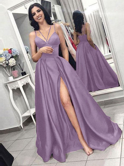 A-Line Sleeveless Spaghetti Straps Sweep/Brush Train With Ruffles Satin Prom Dress