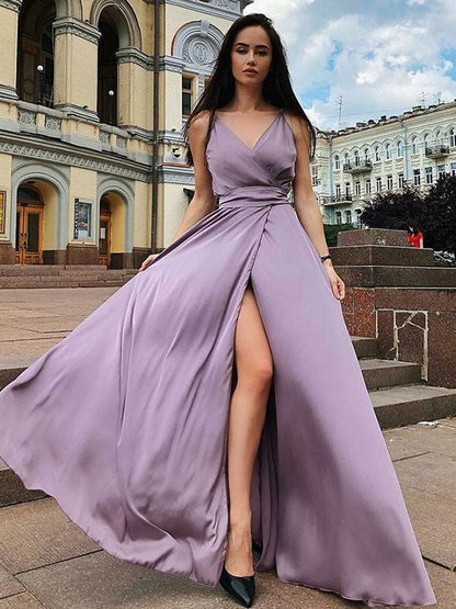 A-Line Sleeveless Straps Sweep/Brush Train With Ruffles Satin Chiffon Prom Dress
