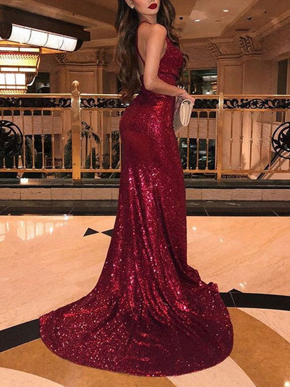 Mermaid Sleeveless V-neck Court Train With Ruffles Sequins Prom Dress