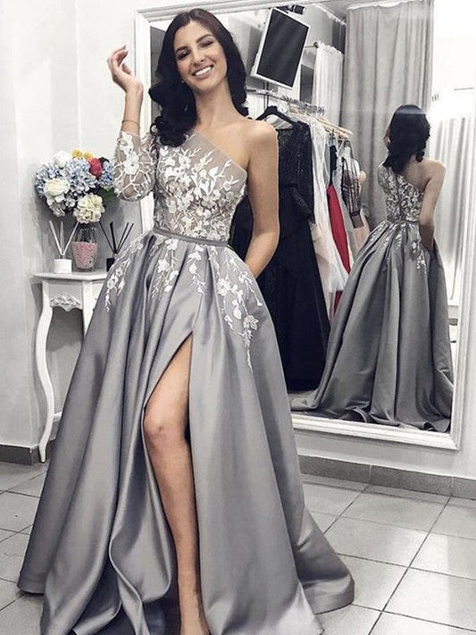 A-Line Sleeveless One-Shoulder Sweep/Brush Train With Applique Satin Prom Dress