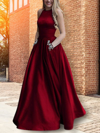 A-Line Halter Sleeveless Floor-Length With Beading Satin Prom Dress