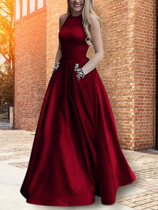 A-Line Halter Sleeveless Floor-Length With Beading Satin Prom Dress