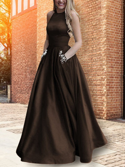 A-Line Halter Sleeveless Floor-Length With Beading Satin Prom Dress