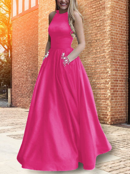 A-Line Halter Sleeveless Floor-Length With Beading Satin Prom Dress