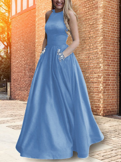 A-Line Halter Sleeveless Floor-Length With Beading Satin Prom Dress
