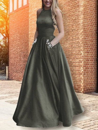 A-Line Halter Sleeveless Floor-Length With Beading Satin Prom Dress
