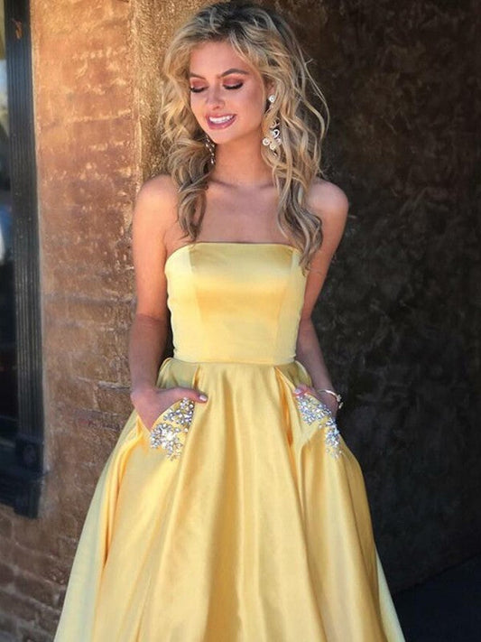 A-Line Strapless Sleeveless Sweep/Brush Train With Beading Satin Prom Dress
