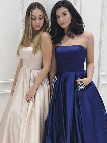 A-Line Strapless Sleeveless Sweep/Brush Train With Beading Satin Prom Dress