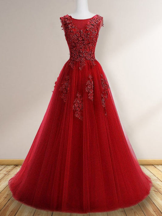 A-Line Scoop Sleeveless Floor-Length With Applique Tulle Prom Dress