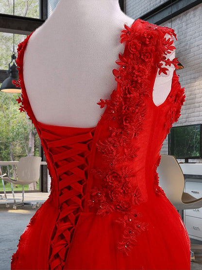 A-Line Scoop Sleeveless Floor-Length With Applique Tulle Prom Dress