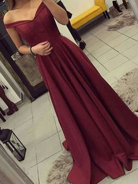 A-Line Off-the-Shoulder Sleeveless Sweep/Brush Train With Ruched Satin Prom Dress
