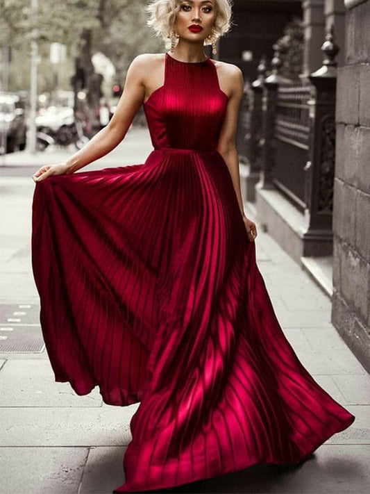 A-Line Halter Sleeveless Floor-Length With Ruched Silk like Satin Prom Dress