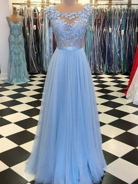 A-Line Scoop Sleeveless Floor-Length With Applique Tulle Prom Dress