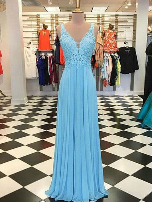 A-Line Spaghetti Straps Sleeveless Floor-Length With Applique Chiffon Prom Dress