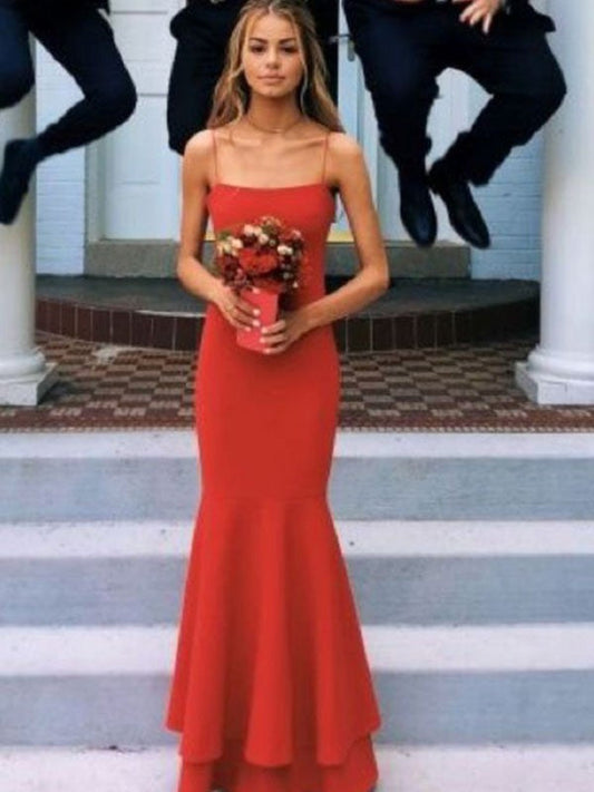Sheath Spaghetti Straps Sleeveless Floor-Length With Layers Stretch Crepe Prom Dress