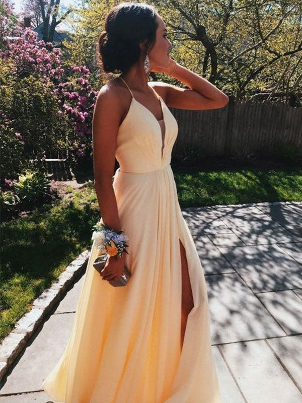 A-Line V-neck Sleeveless Floor-Length With Ruffles Chiffon Prom Dress
