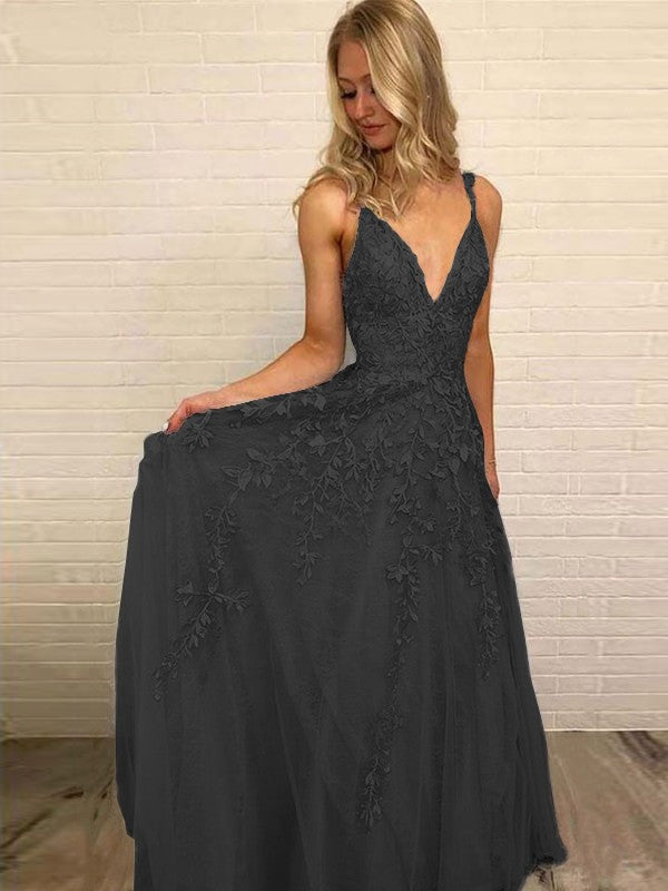 A-Line V-neck Sleeveless Floor-Length With Applique Tulle Prom Dress