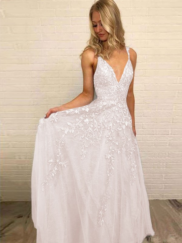 A-Line V-neck Sleeveless Floor-Length With Applique Tulle Prom Dress