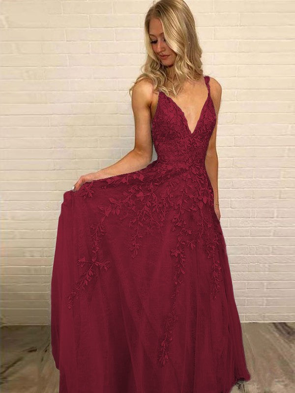 A-Line V-neck Sleeveless Floor-Length With Applique Tulle Prom Dress