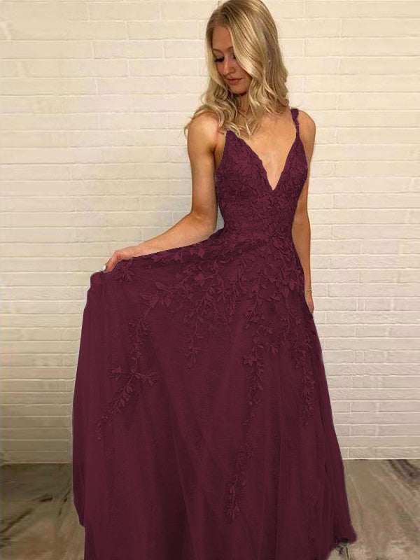 A-Line V-neck Sleeveless Floor-Length With Applique Tulle Prom Dress
