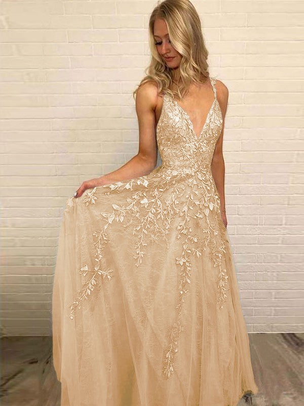 A-Line V-neck Sleeveless Floor-Length With Applique Tulle Prom Dress