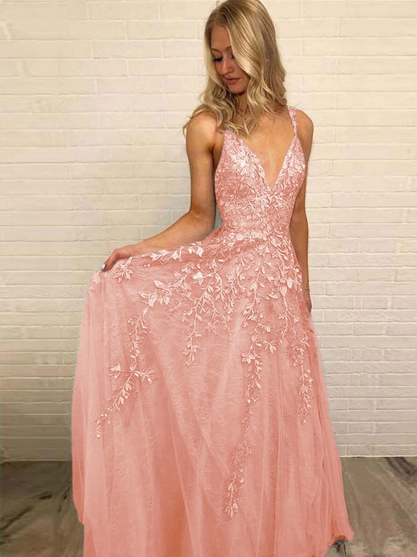 A-Line V-neck Sleeveless Floor-Length With Applique Tulle Prom Dress