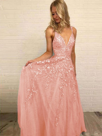 A-Line V-neck Sleeveless Floor-Length With Applique Tulle Prom Dress