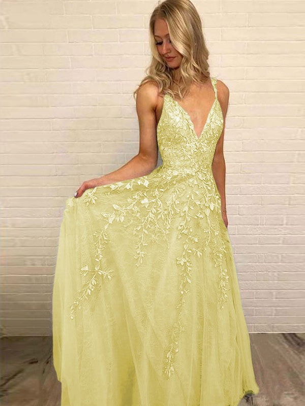 A-Line V-neck Sleeveless Floor-Length With Applique Tulle Prom Dress
