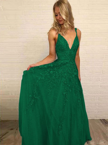 A-Line V-neck Sleeveless Floor-Length With Applique Tulle Prom Dress