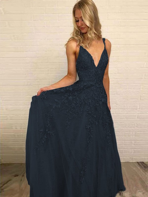 A-Line V-neck Sleeveless Floor-Length With Applique Tulle Prom Dress
