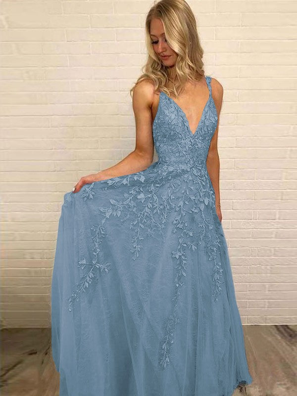 A-Line V-neck Sleeveless Floor-Length With Applique Tulle Prom Dress