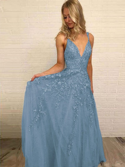 A-Line V-neck Sleeveless Floor-Length With Applique Tulle Prom Dress