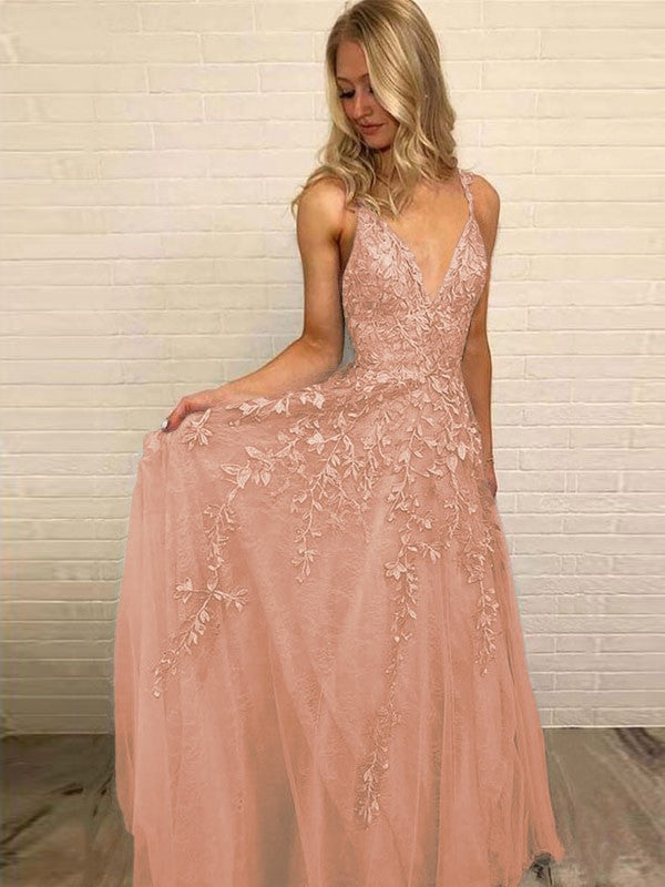 A-Line V-neck Sleeveless Floor-Length With Applique Tulle Prom Dress
