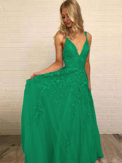 A-Line V-neck Sleeveless Floor-Length With Applique Tulle Prom Dress
