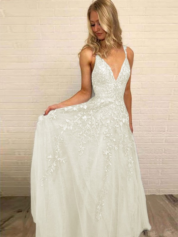A-Line V-neck Sleeveless Floor-Length With Applique Tulle Prom Dress