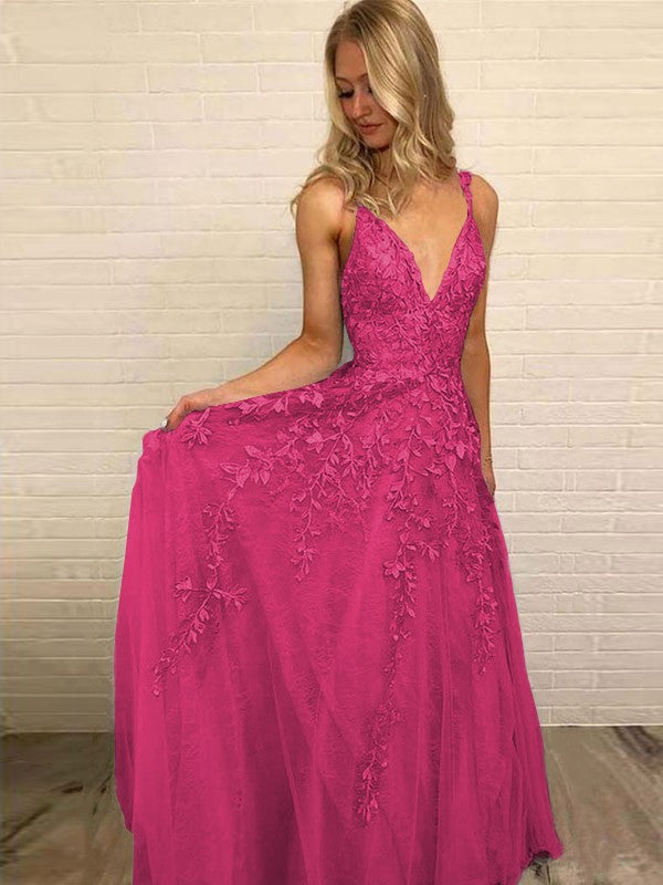A-Line V-neck Sleeveless Floor-Length With Applique Tulle Prom Dress