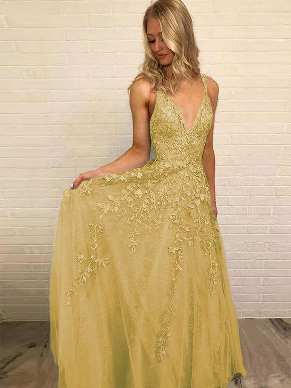 A-Line V-neck Sleeveless Floor-Length With Applique Tulle Prom Dress