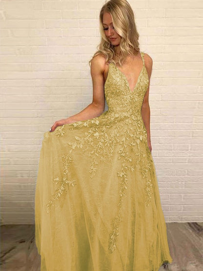 A-Line V-neck Sleeveless Floor-Length With Applique Tulle Prom Dress