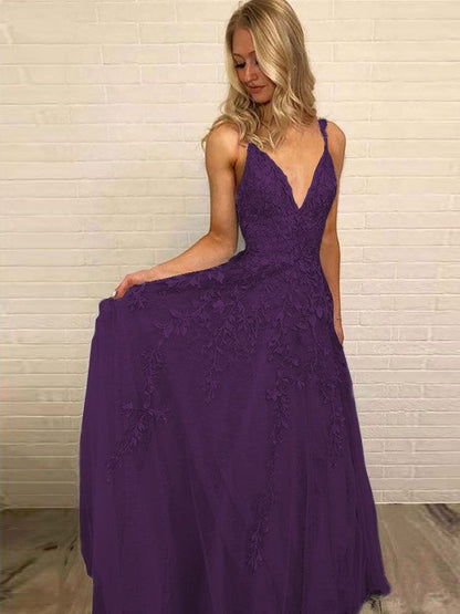 A-Line V-neck Sleeveless Floor-Length With Applique Tulle Prom Dress
