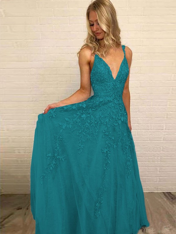 A-Line V-neck Sleeveless Floor-Length With Applique Tulle Prom Dress