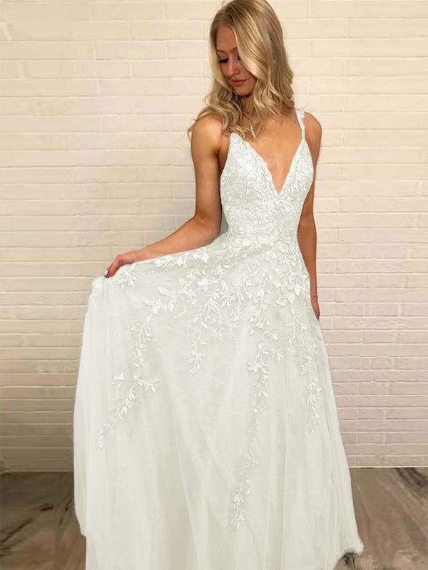 A-Line V-neck Sleeveless Floor-Length With Applique Tulle Prom Dress