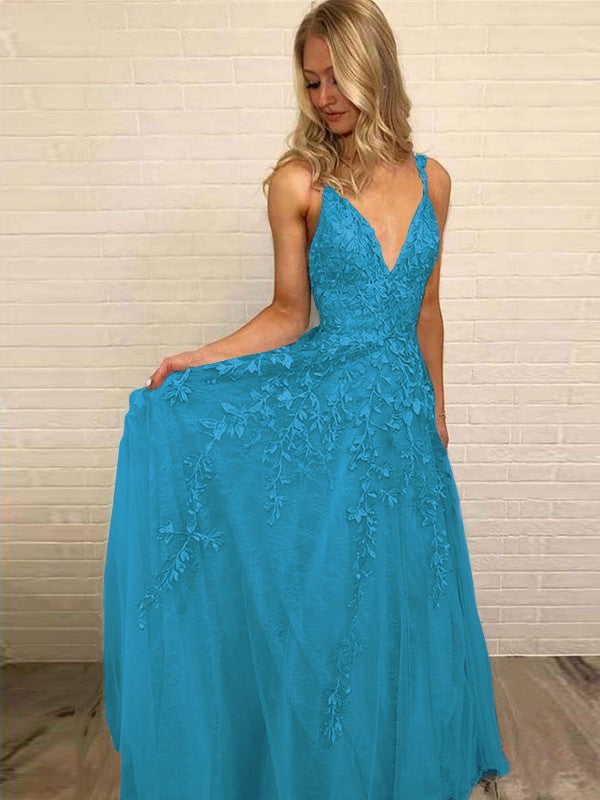 A-Line V-neck Sleeveless Floor-Length With Applique Tulle Prom Dress